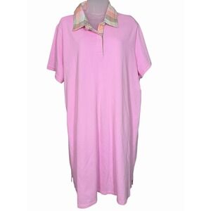 Lands' End Polo Dress 2X Pink Knit Cotton Stretch Check Collar Preppy Tennis